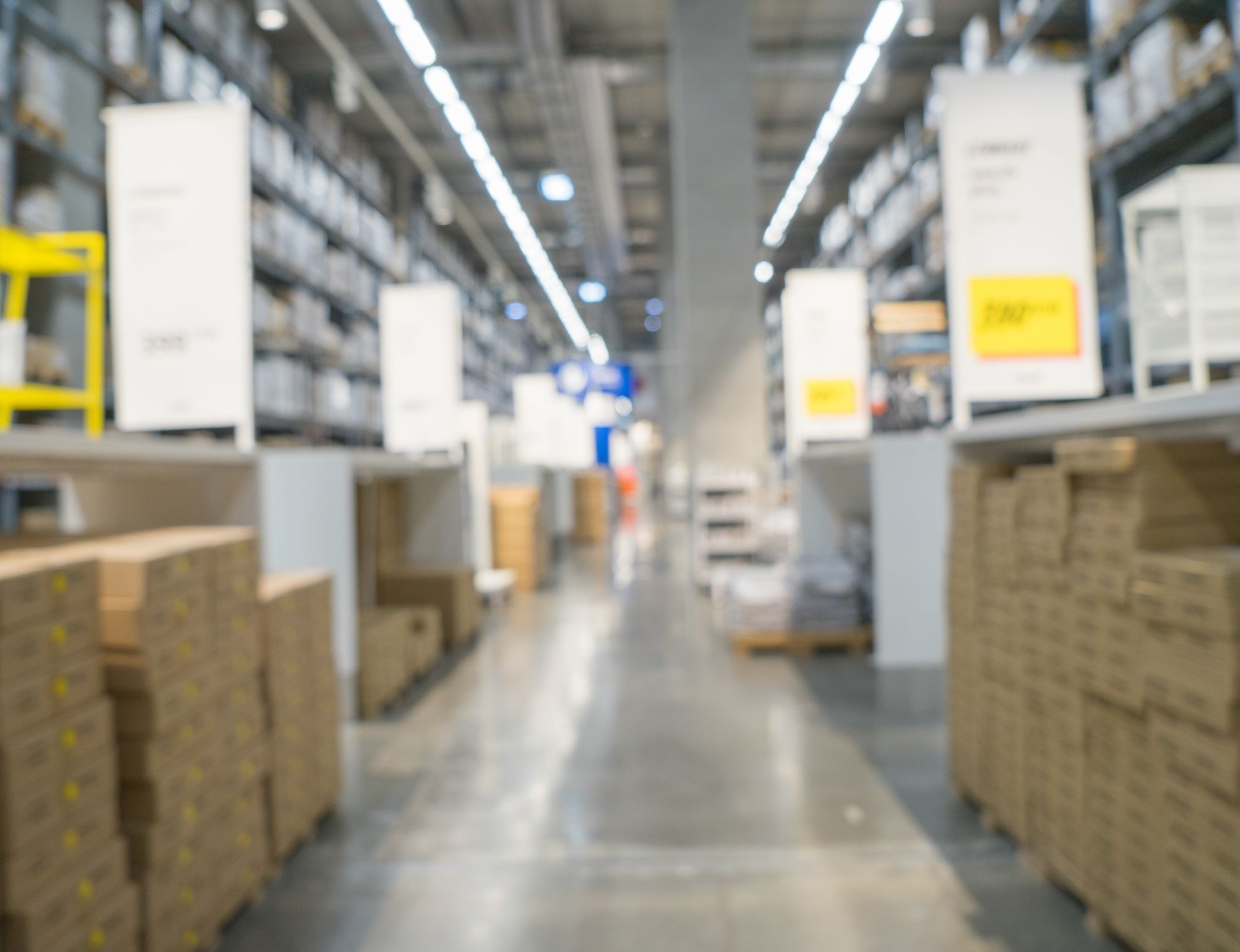 Blurred image of stock inventory shelf, stack of carton boxes, modern logistics smart warehouse management. For wholesale distributor, ecommerce, commercial business or supply chain background concept